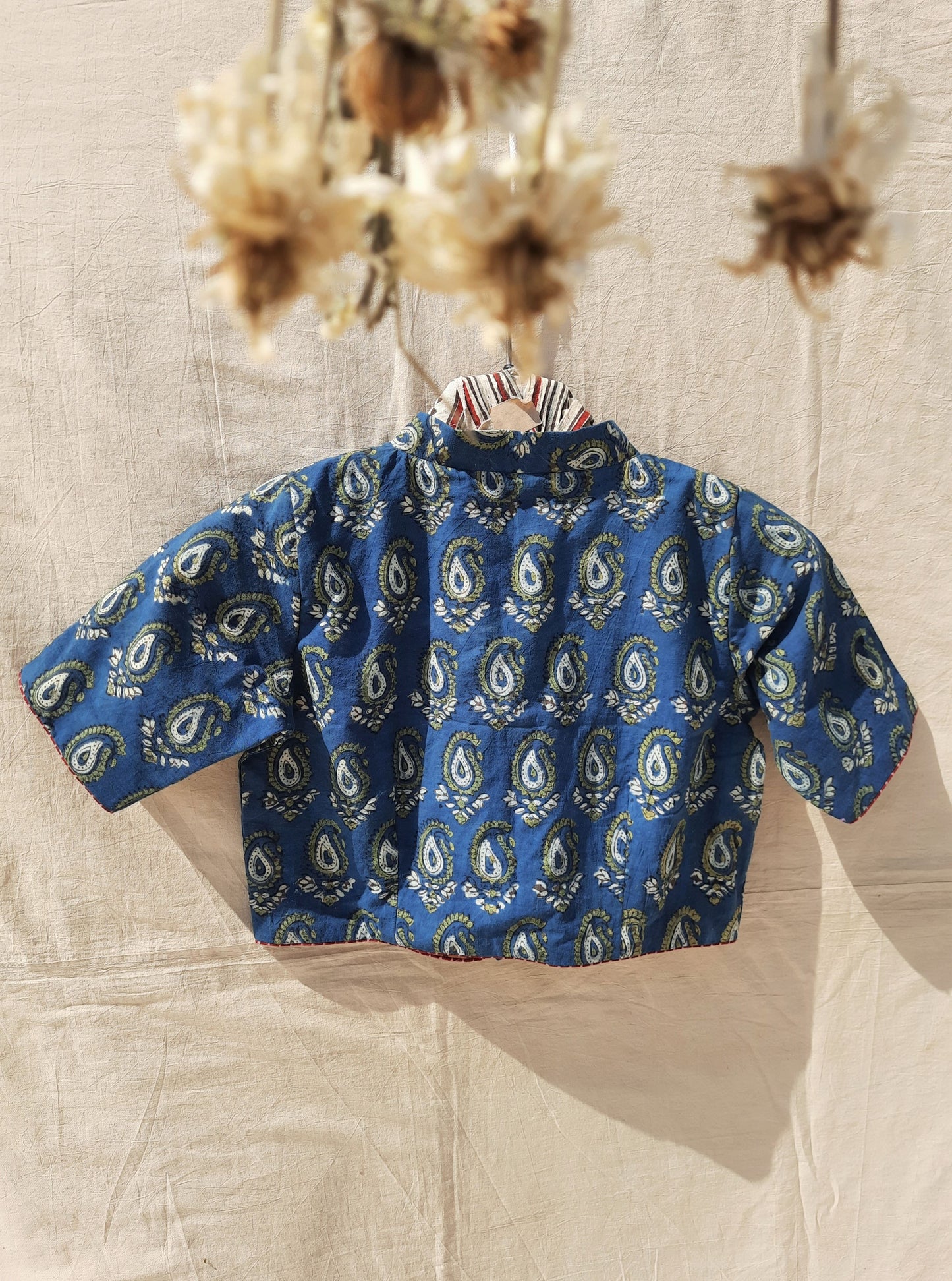Ajrakh ambi print blouse in indigo color, Ajrakh indigo blouse, Slow fashion