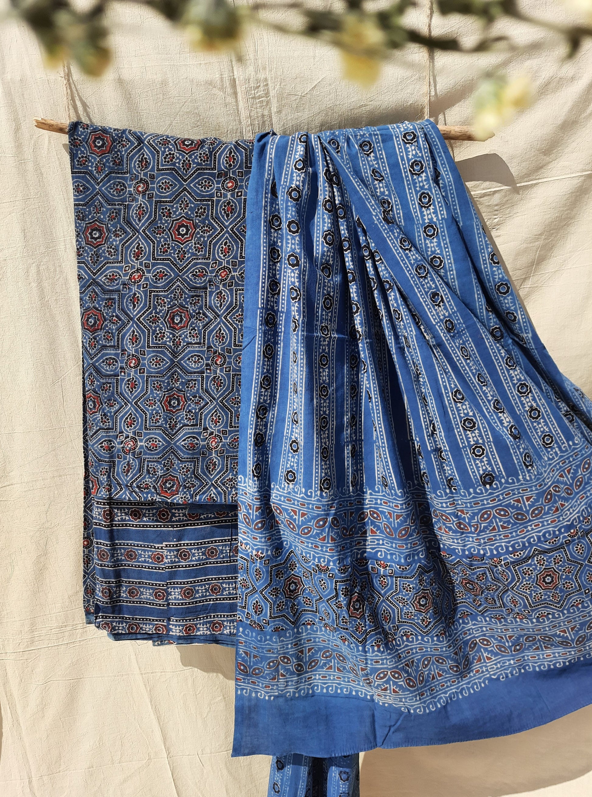 Indigo ajrakh prints cotton suit set, Ajrakh hand block print cotton suit set in indigo color