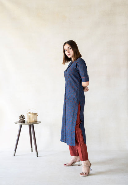 Indigo ajrakh prints kurta, Hand block print ajrakh kurta dyed in indigo