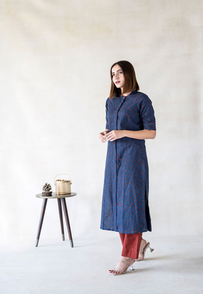 Indigo ajrakh prints kurta, Hand block print ajrakh kurta dyed in indigo