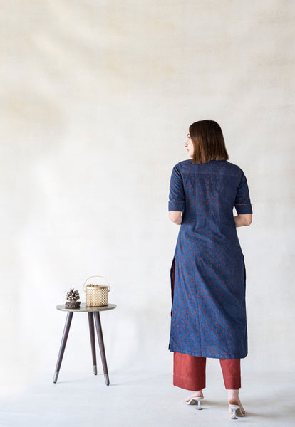 Indigo ajrakh prints kurta, Hand block print ajrakh kurta dyed in indigo