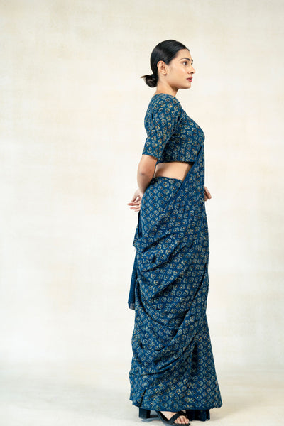 Indigo ajrakh prints organic cotton saree, Ajrakh prints handwoven saree in indigo color, Slow fashion