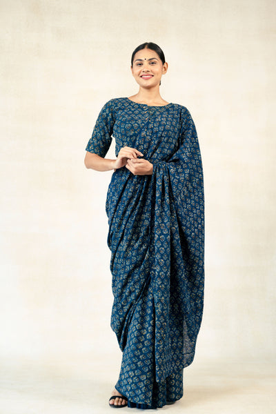 Indigo ajrakh prints organic cotton saree, Ajrakh prints handwoven saree in indigo color, Slow fashion