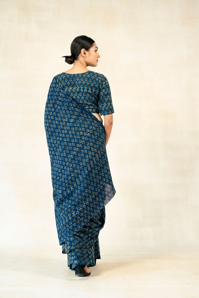 Indigo ajrakh prints organic cotton saree, Ajrakh prints handwoven saree in indigo color, Slow fashion