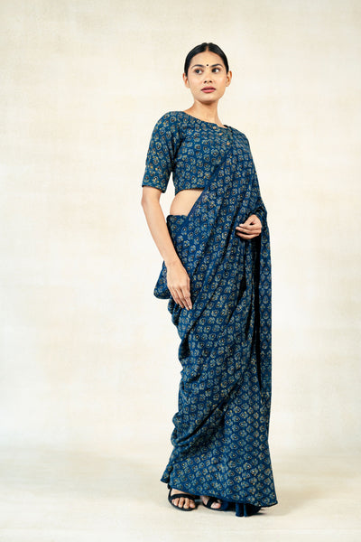 Indigo ajrakh prints organic cotton saree, Ajrakh prints handwoven saree in indigo color, Slow fashion