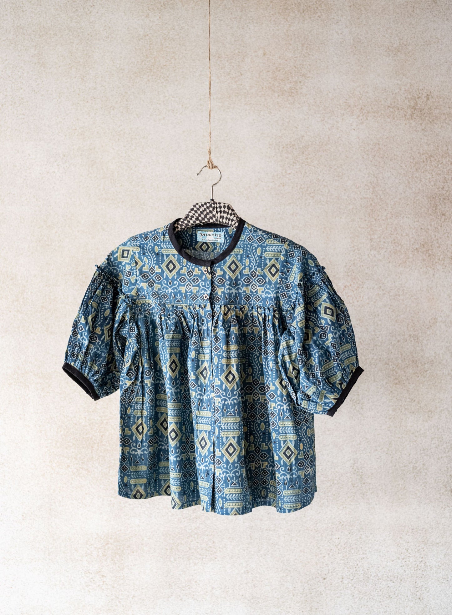 Indigo ajrakh puffed sleeves shirt, Handmade indigo shirt, Indigo women's shirt in cotton