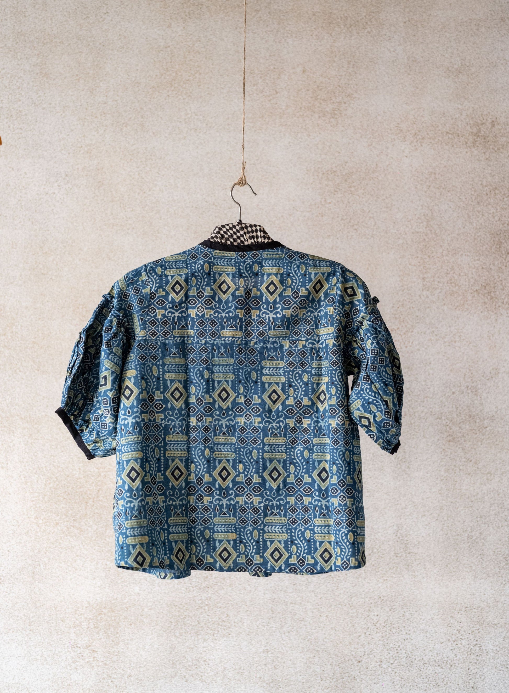 Indigo ajrakh puffed sleeves shirt, Handmade indigo shirt, Indigo women's shirt in cotton
