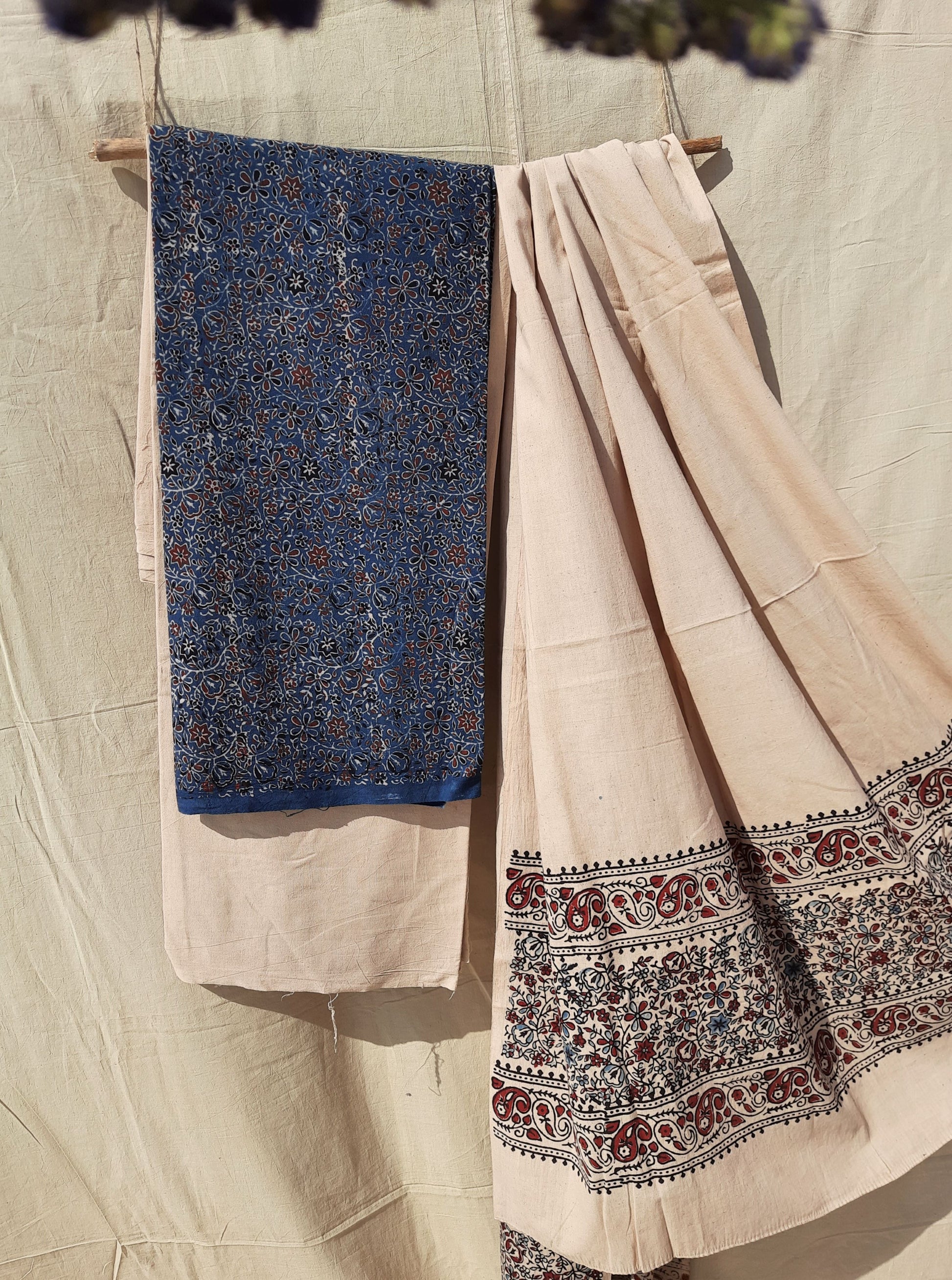 Indigo and beige ajrakh prints cotton suit set, Handmade ajrakh suit set, Ajrakh prints cotton suit set