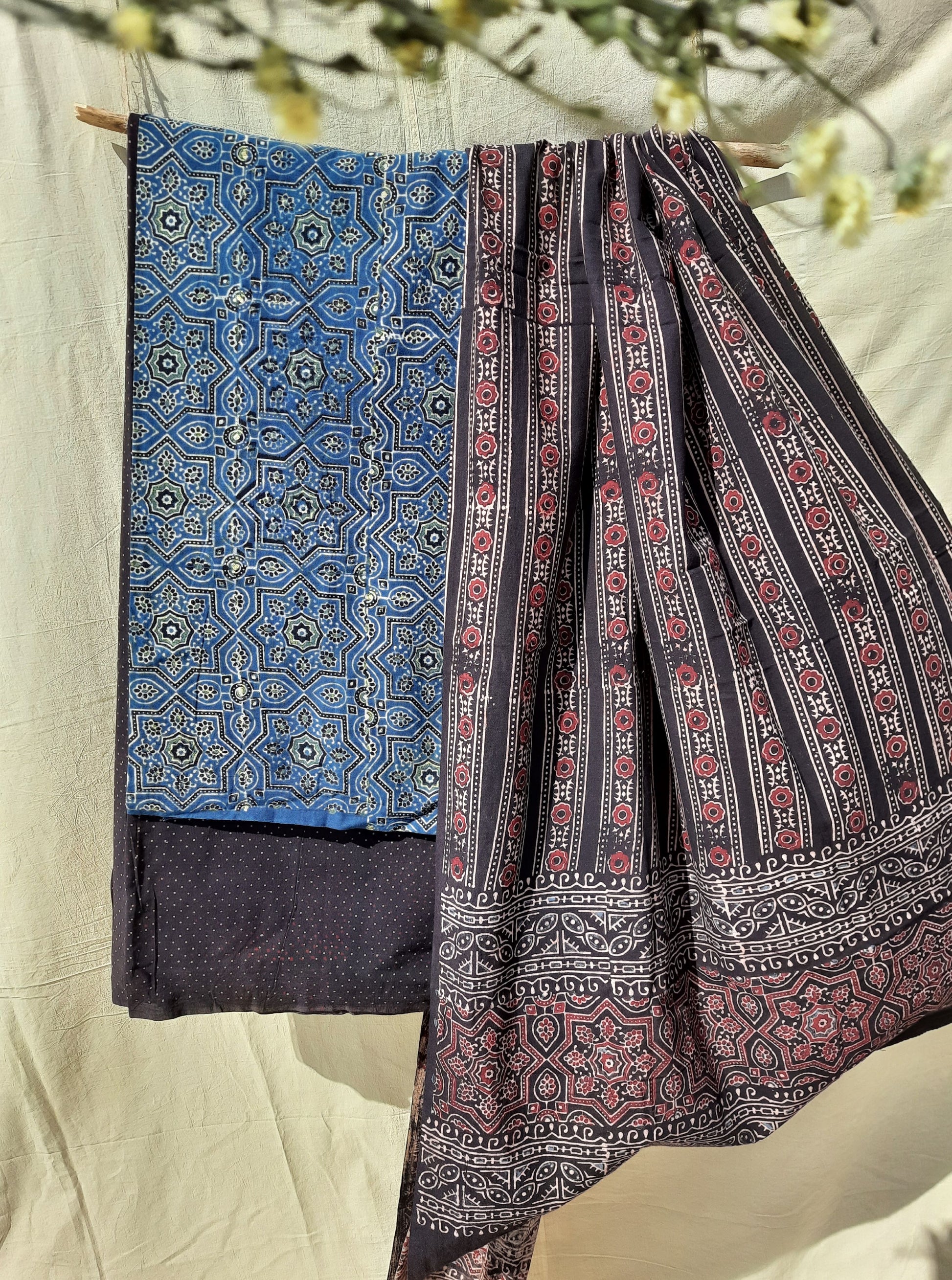 Indigo and black ajrakh cotton suit set, Ajrakh hand block print cotton suit set in indigo and black color