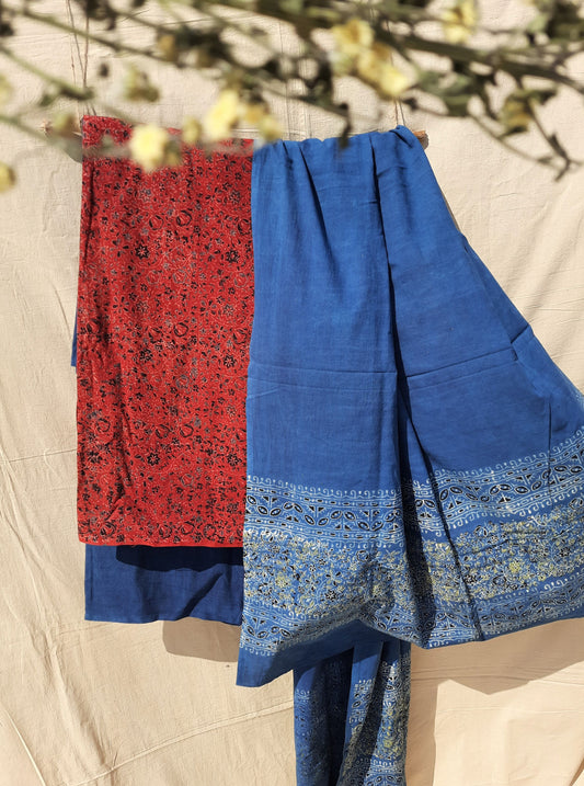 Indigo and madder red ajrakh prints suit set, Ajrakh prints cotton suit set