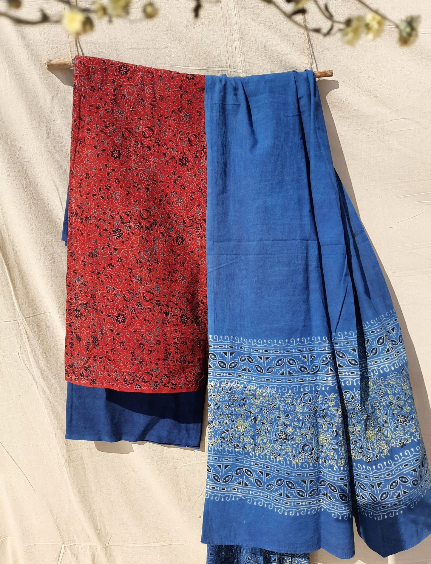 Indigo and madder red ajrakh prints suit set, Ajrakh prints cotton suit set