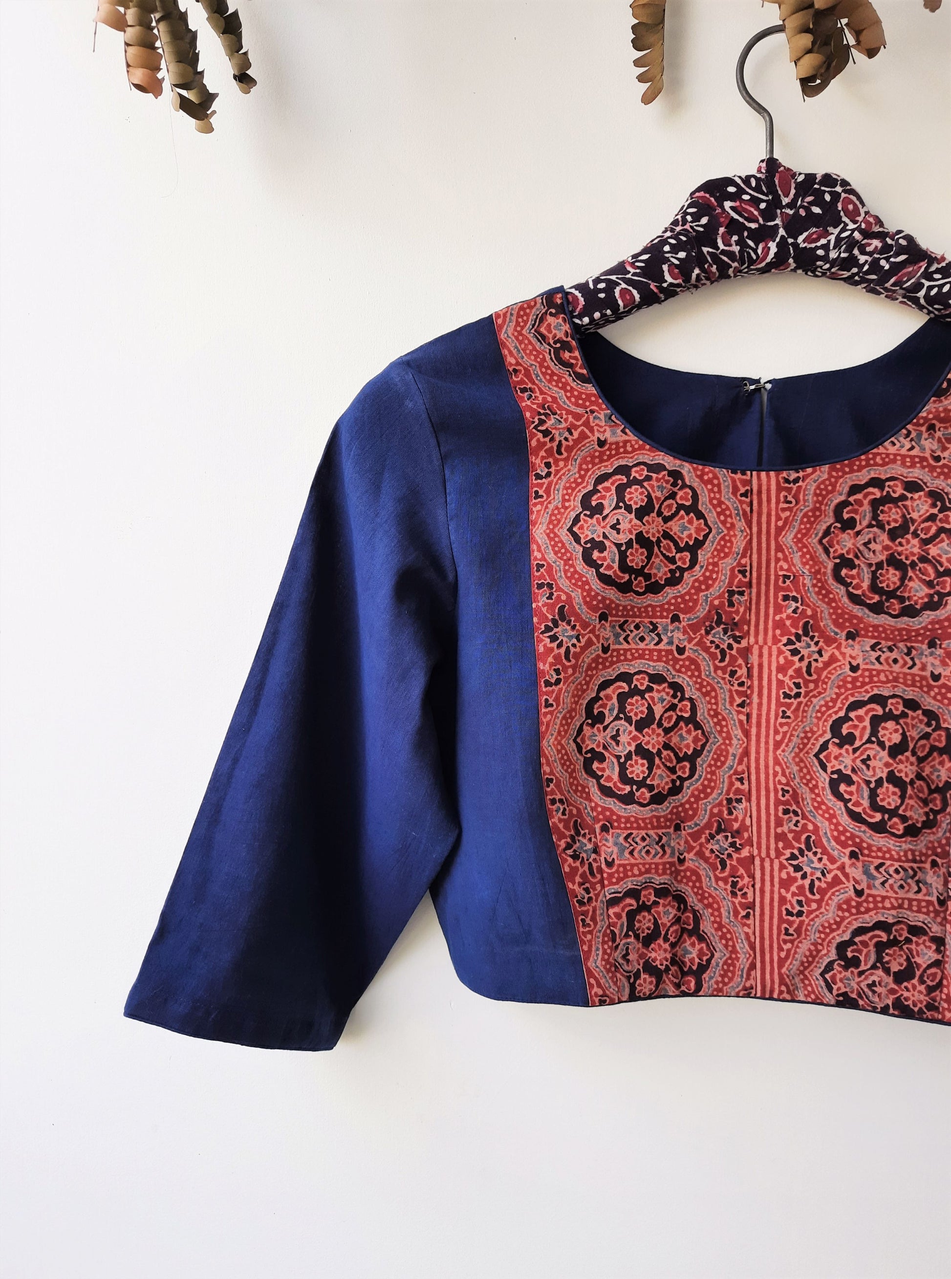 Indigo ajrakh blouse, indigo dyed saree blouse, handmade ajrakh blouse in indigo