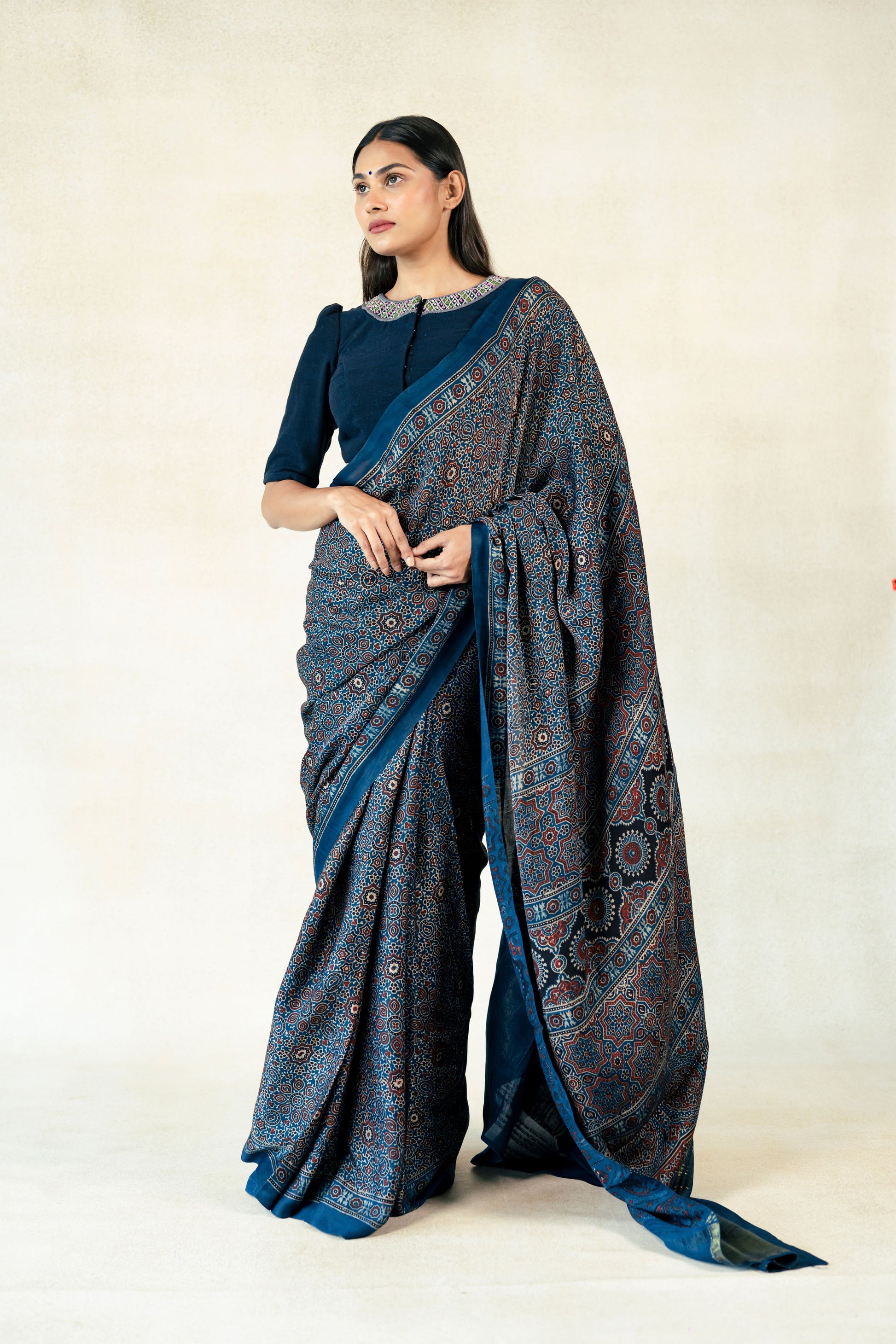 Indigo dyed ajrakh prints saree in modal silk, Modal silk ajrakh hand block print saree, Indigo saree, Slow fashion