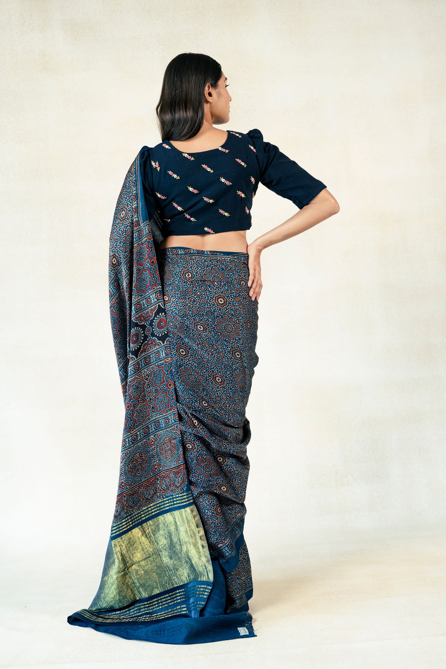 Indigo dyed ajrakh prints saree in modal silk, Modal silk ajrakh hand block print saree, Indigo saree, Slow fashion
