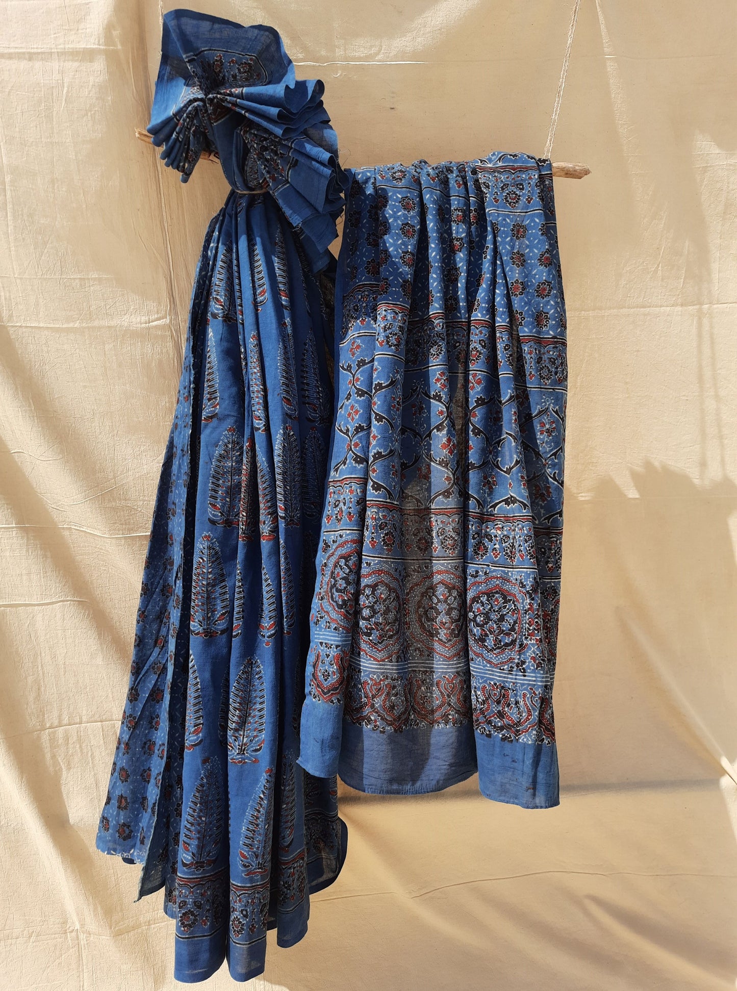 Indigo ajrakh saree, Ajrakh hand block print cotton saree in indigo color, Cotton ajrakh saree