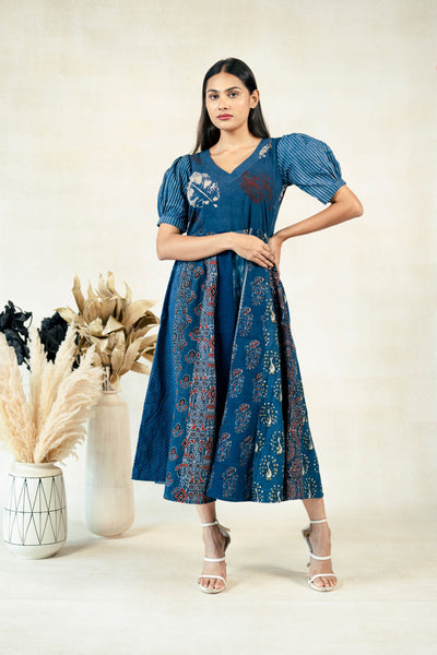 Indigo kali cut ajrakh prints dress, Ajrakh hand block prints kali cut dress, Indigo dress, Slow fashion