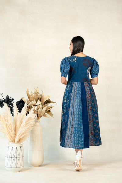 Indigo kali cut ajrakh prints dress, Ajrakh hand block prints kali cut dress, Indigo dress, Slow fashion