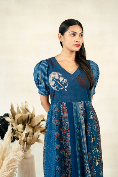 Indigo kali cut ajrakh prints dress, Ajrakh hand block prints kali cut dress, Indigo dress, Slow fashion