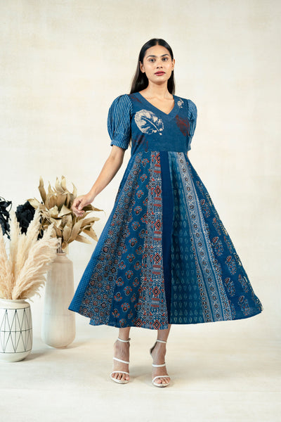 Indigo kali cut ajrakh prints dress, Ajrakh hand block prints kali cut dress, Indigo dress, Slow fashion