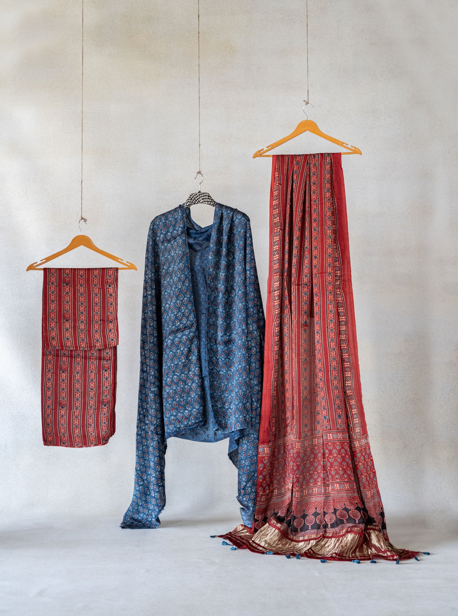 Modal silk un-stitched suit set 'Indigo and madder'