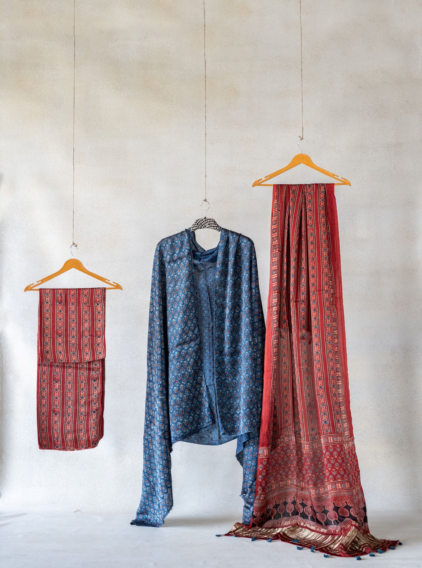 Modal silk un-stitched suit set 'Indigo and madder'