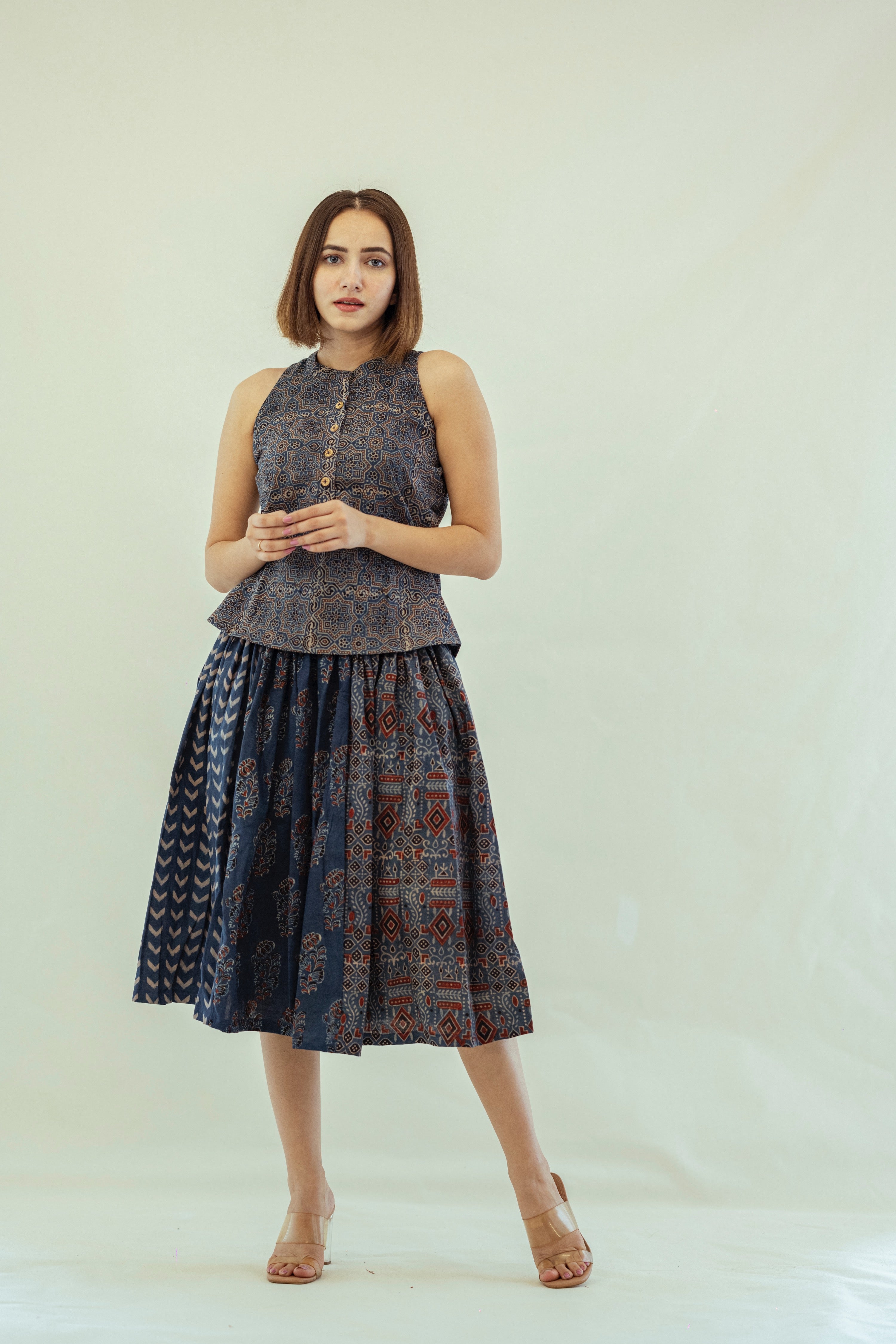 Indigo multi ajrakh prints skirt top set, Ajrakh hand block print skirt top set for summers, SS23, Slow fashion