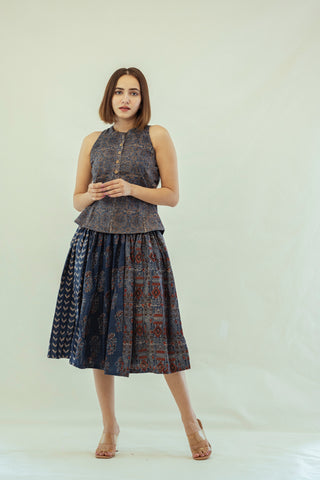 Indigo multi ajrakh prints skirt top set, Ajrakh hand block print skirt top set for summers, SS23, Slow fashion