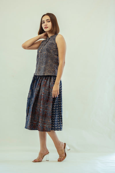 Indigo multi ajrakh prints skirt top set, Ajrakh hand block print skirt top set for summers, SS23, Slow fashion