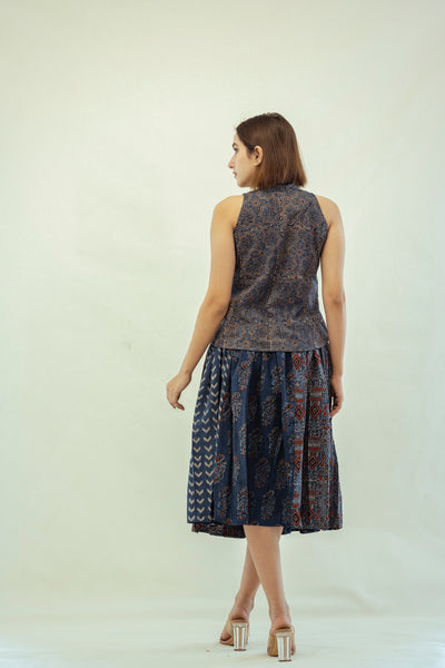 Indigo multi ajrakh prints skirt top set, Ajrakh hand block print skirt top set for summers, SS23, Slow fashion