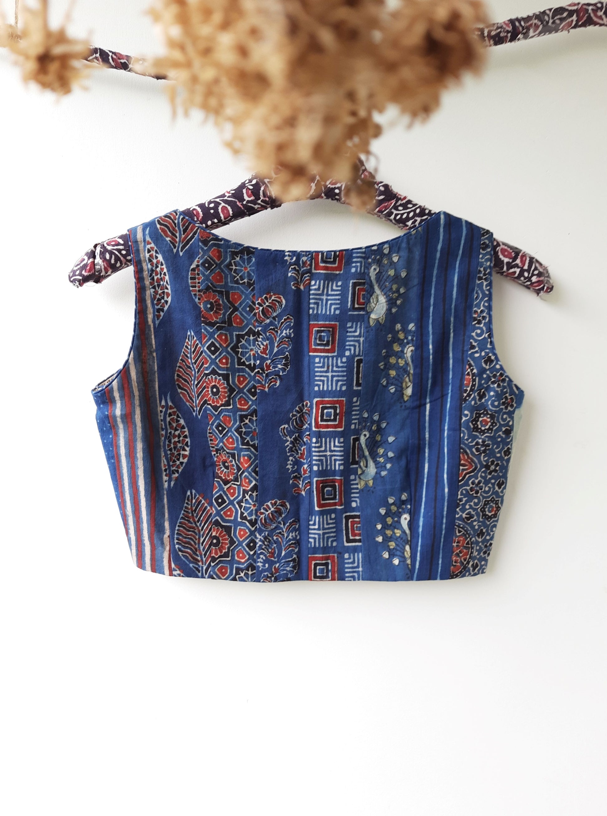 Indigo ajrakh patchwork blouse, Ajrakh prints patchwork blouse, Patchwork blouse, Natural dyed indigo ajrakh hand block print patchwork blouse, Sustainable fashion