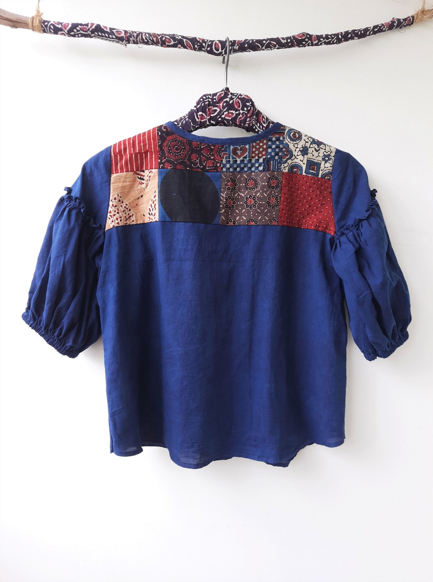 Indigo dyed women's shirt, Upcycled ajrakh prints women's shirt, Indigo women's shirt, Ajrakh prints patchwork shirt