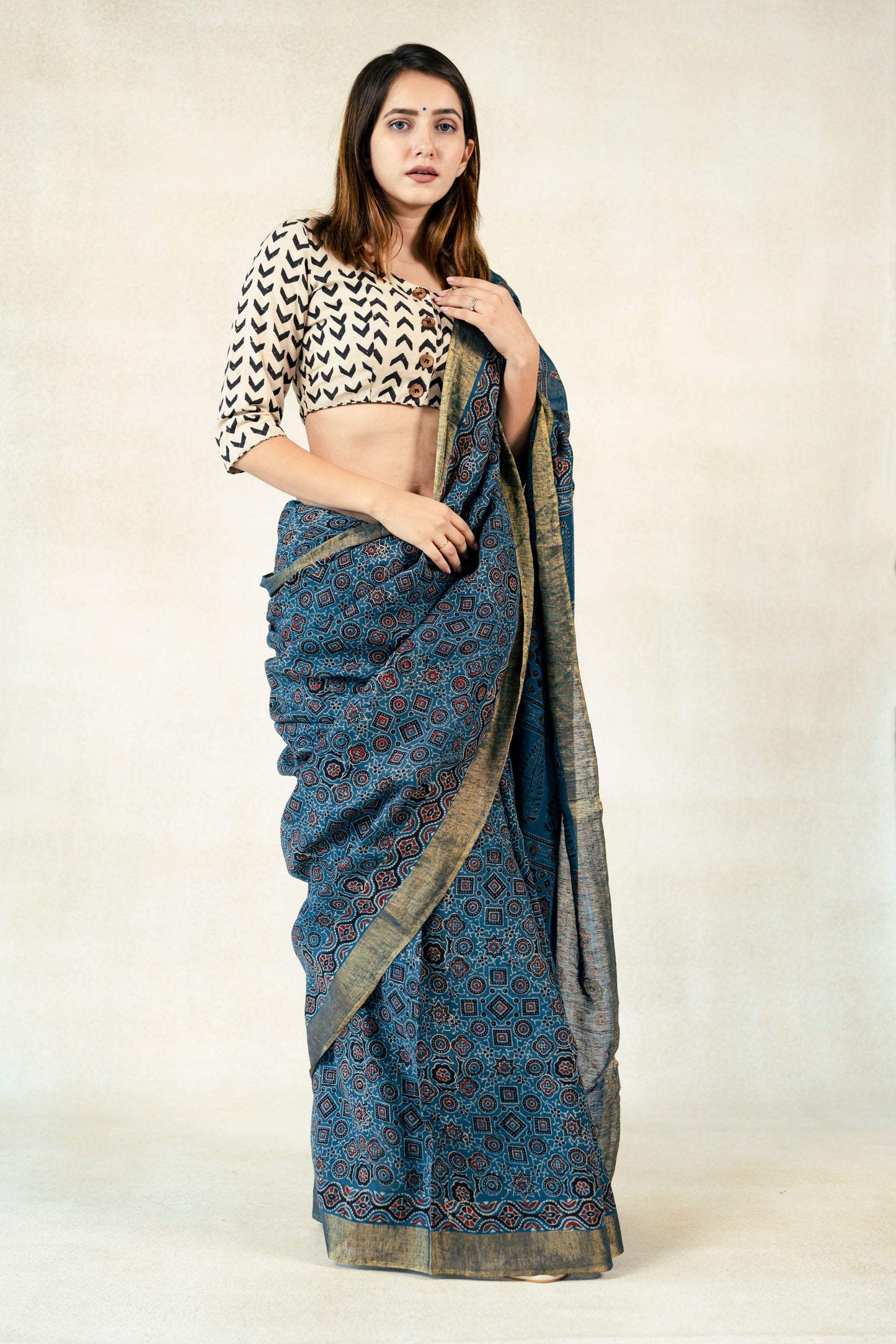 Linen ajrakh indigo saree, Indigo dyed ajrakh prints linen saree, Linen saree, Sustainable fashion
