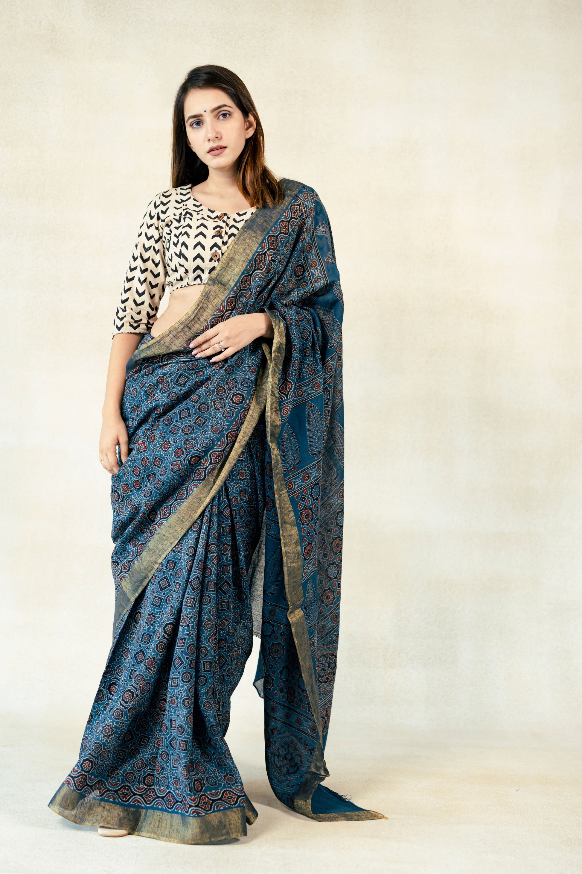 Linen ajrakh indigo saree, Indigo dyed ajrakh prints linen saree, Linen saree, Sustainable fashion