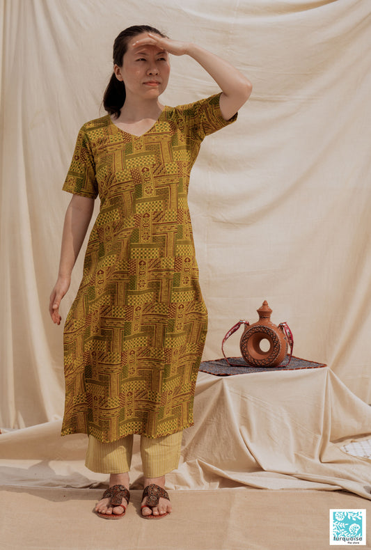 Ajrakh hand block print turmeric yellow kurta pant set, Indian block prints kurta set in cotton, Yellow kurta pants set