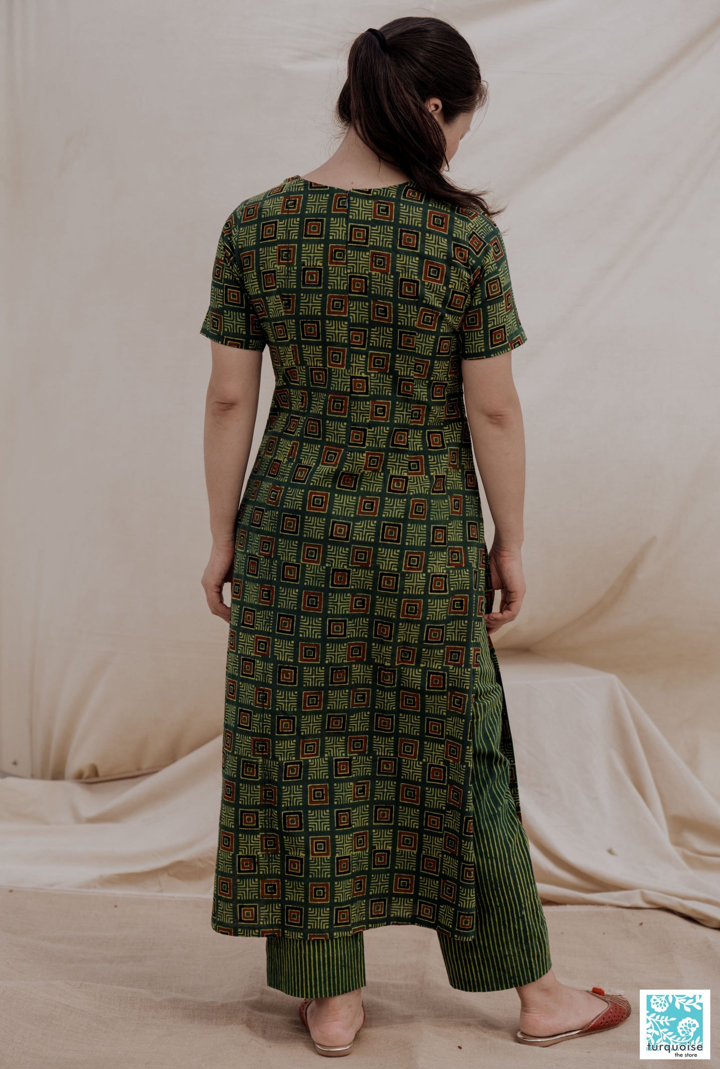 Ajrakh hand block print kurta pants set, Green ajrakh prints kurta set, Indian block prints women's kurta pant set