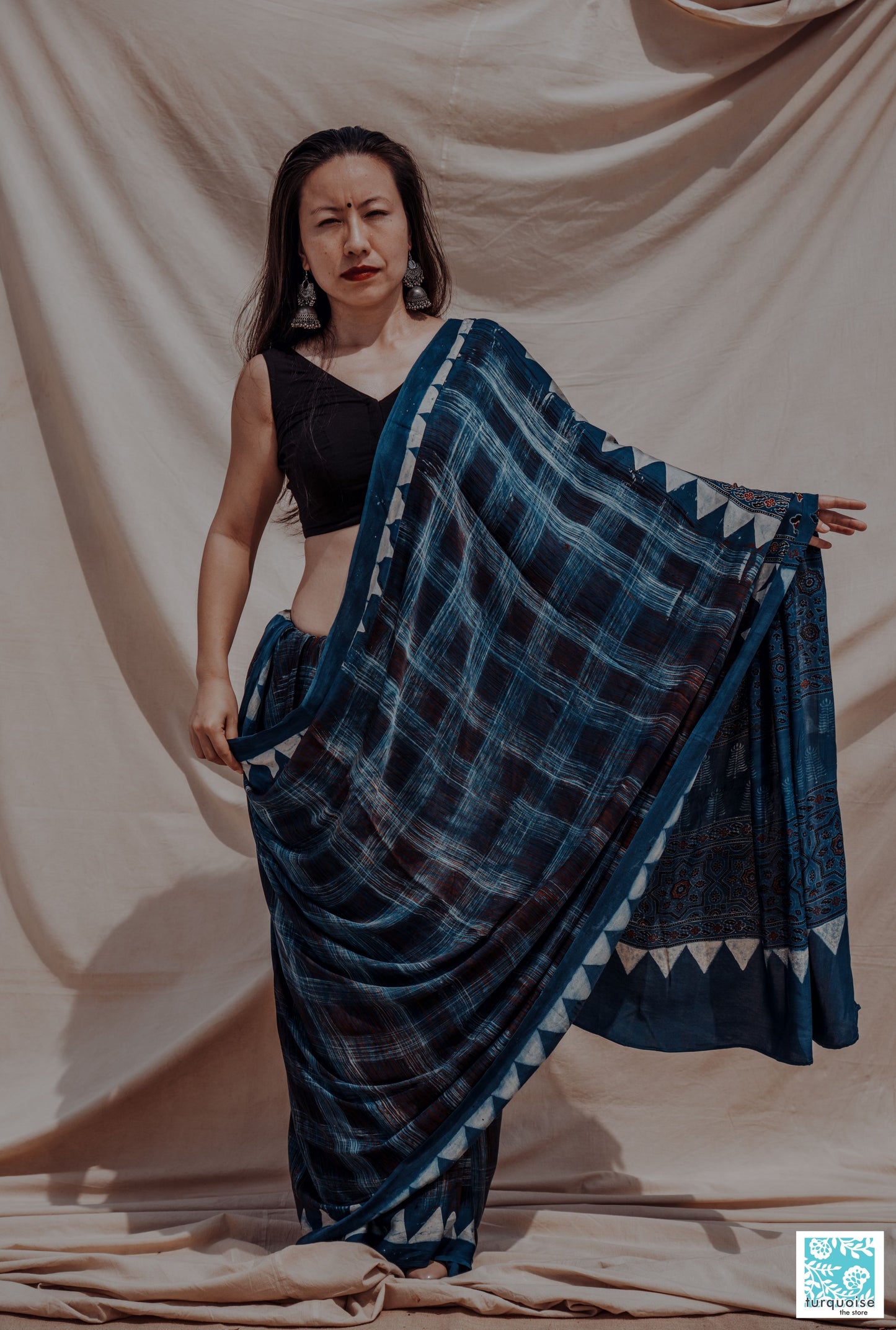 Indigo ajrakh hand block print saree, Indigo ajrakh prints sari, Ajrakh saree, Indigo ajrakh saree