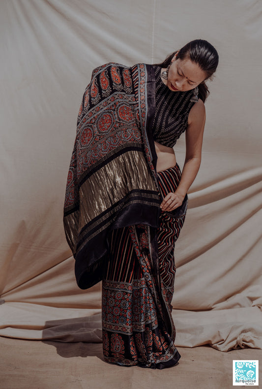 Ajrakh black modal silk saree, Ajrakh prints black saree, Black ajrakh prints sari, Ajrakh hand block prints saree