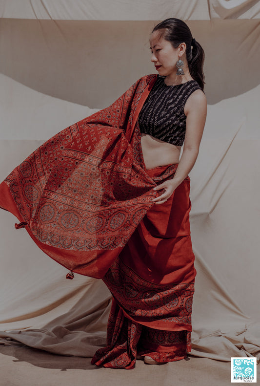 Ajrakh hand block print madder red saree, Madder dyed ajrakh prints saree, Ajrakh prints cotton saree