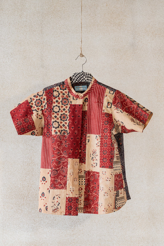 Madder and peach ajrakh prints patchwork shirt, Ajrakh patchwork women's shirt, Conscious clothing
