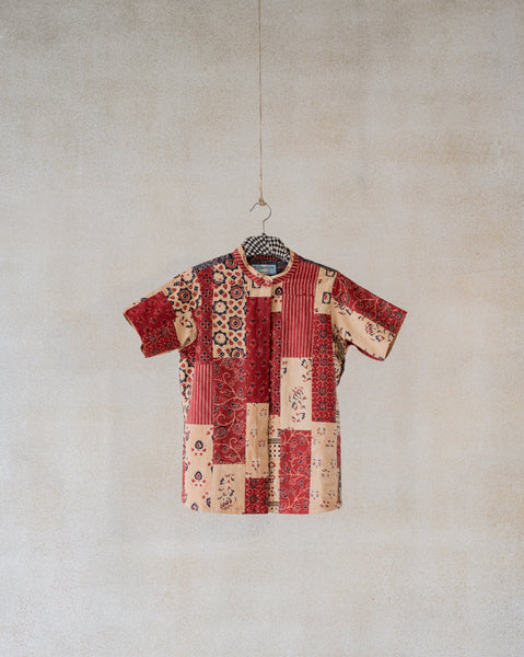 Madder and peach ajrakh prints patchwork shirt, Ajrakh patchwork women's shirt, Conscious clothing