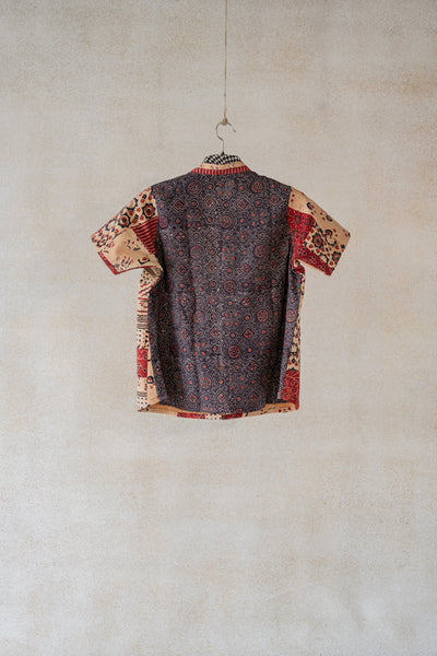 Madder and peach ajrakh prints patchwork shirt, Ajrakh patchwork women's shirt, Conscious clothing