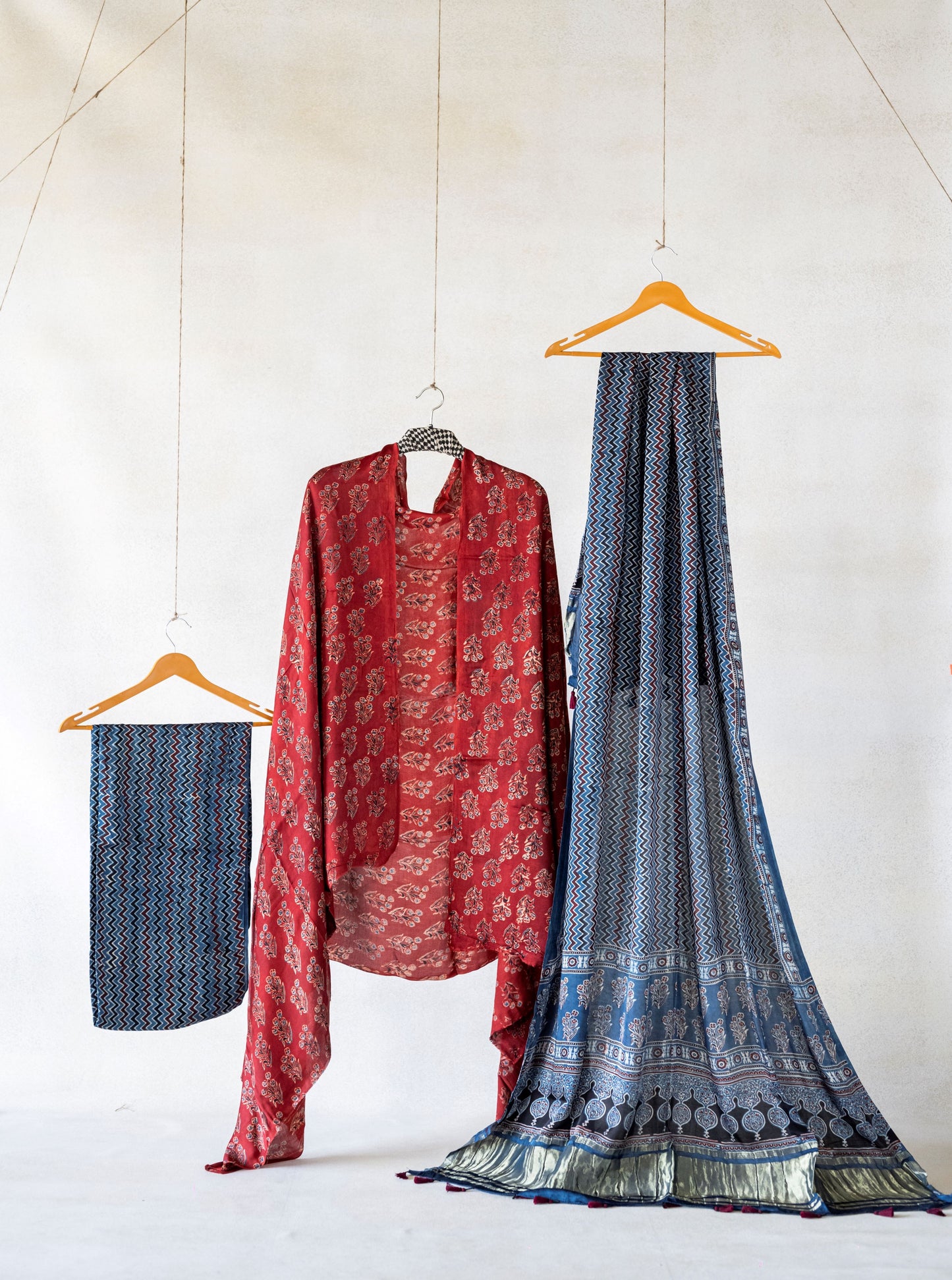 Madder and indigo ajrakh suit set, Handmade ajrakh prints unstitched suit set 