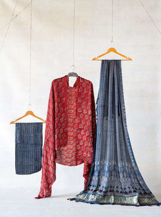 Madder and indigo ajrakh suit set, Handmade ajrakh prints unstitched suit set 