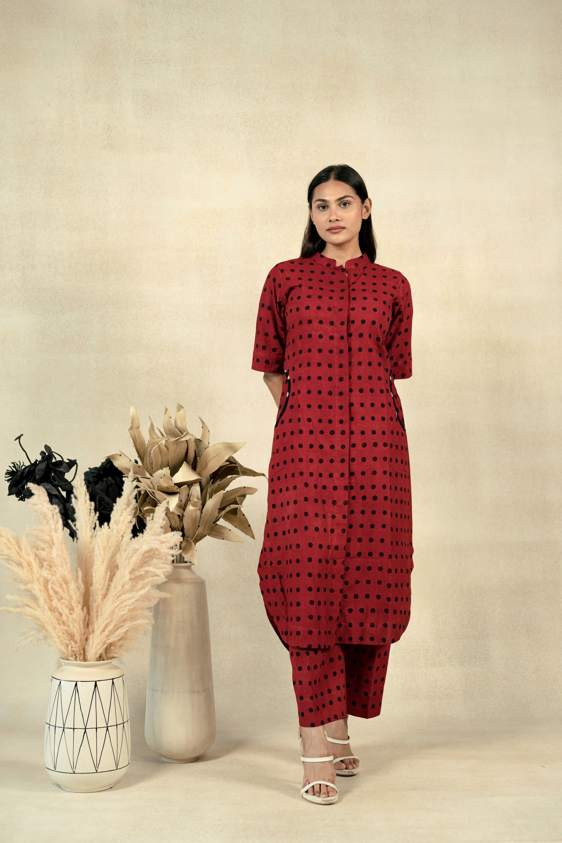 Madder dyed polka dots coord set, Ajrakh polka dots kurta pants set in madder red, Everyday wear kurta pants set, Slow fashion