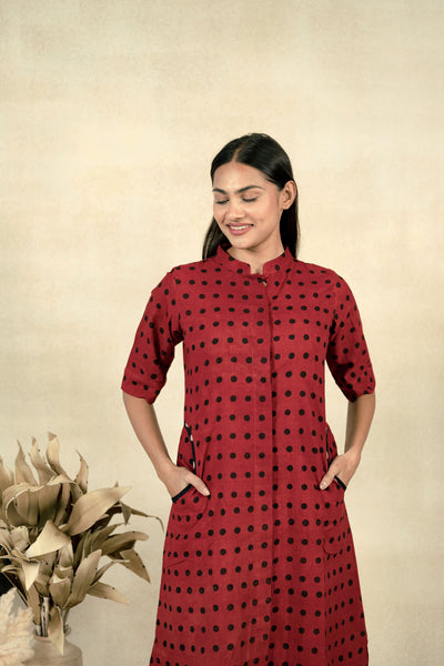 Madder dyed polka dots coord set, Ajrakh polka dots kurta pants set in madder red, Everyday wear kurta pants set, Slow fashion