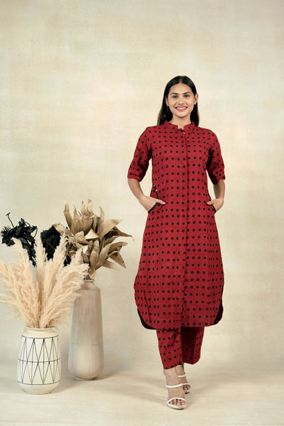 Madder dyed polka dots coord set, Ajrakh polka dots kurta pants set in madder red, Everyday wear kurta pants set, Slow fashion