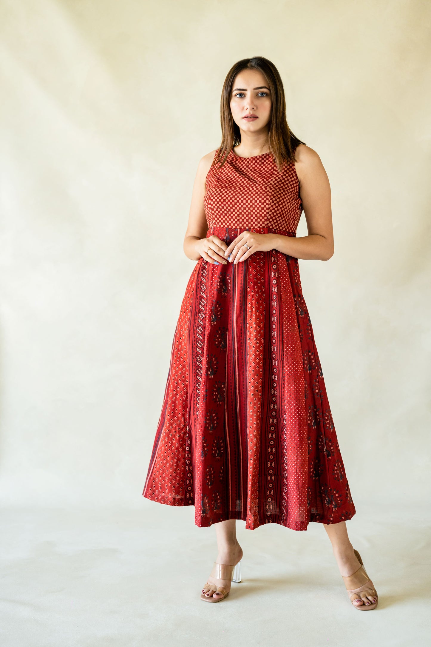 Madder red ajrakh fit and flared dress, Madder dyed fit and flared dress, Summer dress, Handmade cotton dress, Slow fashion