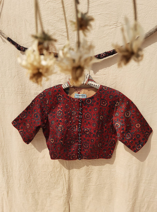 Madder dyed ajrakh hand block prints blouse in modal silk, Modal silk ajrakh prints blouse in madder red color, Handmade blouse