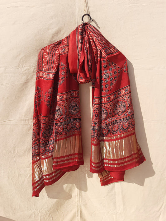 Madder red ajrakh modal silk dupatta, Handmade ajrakh modal silk dupatta in madder red color, Slow fashion
