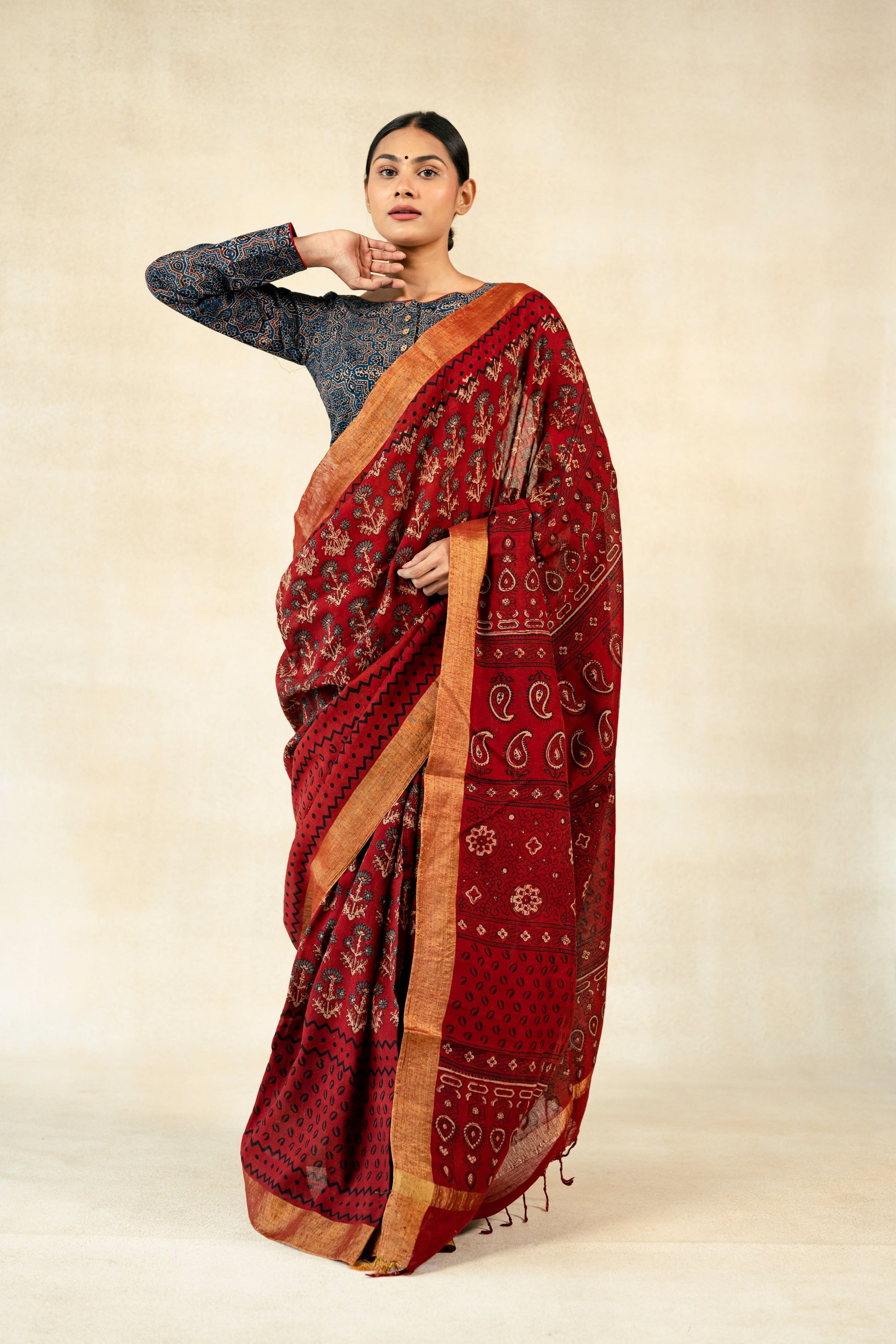 Madder red ajrakh prints linen saree, Ajrakh hand block print cotton linen saree in madder red color, Saree blouse